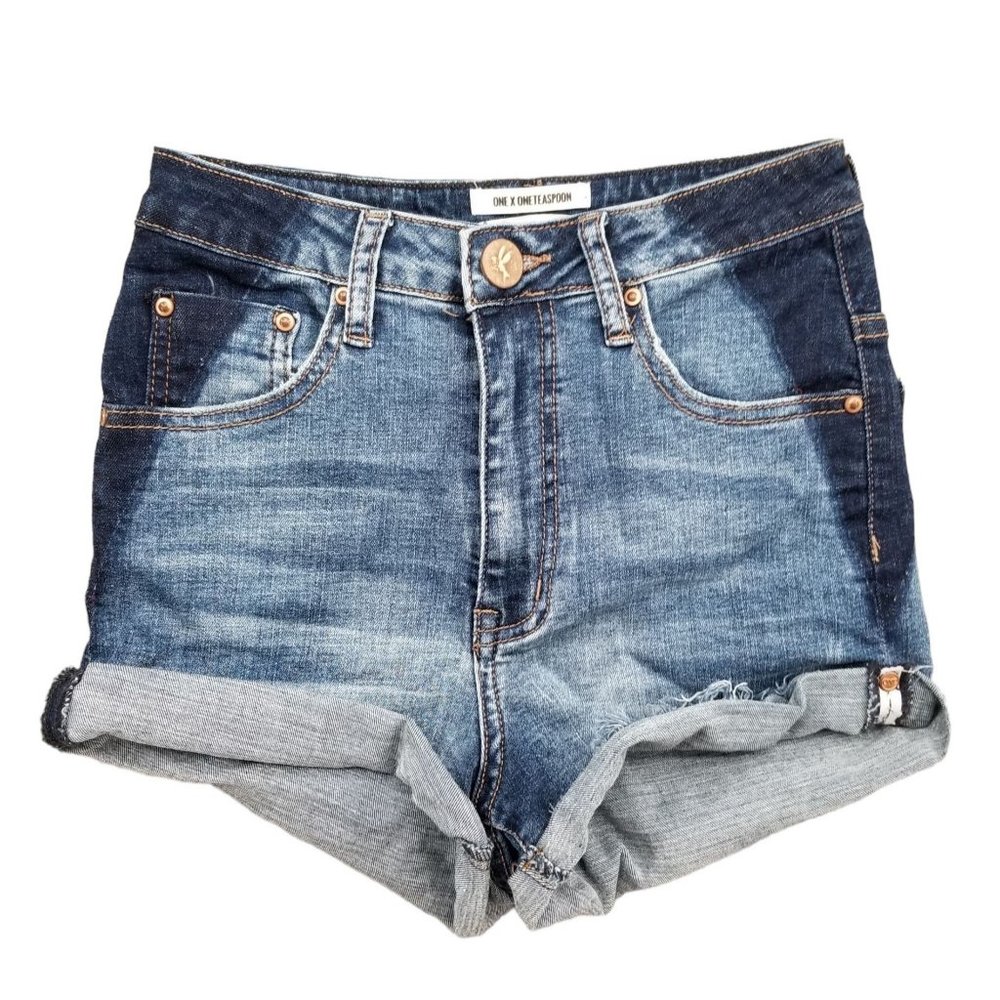 ONE x One Teaspoon Denim Shorts Womens Harlets High Rise Twisted Cuff Hem Sz 24